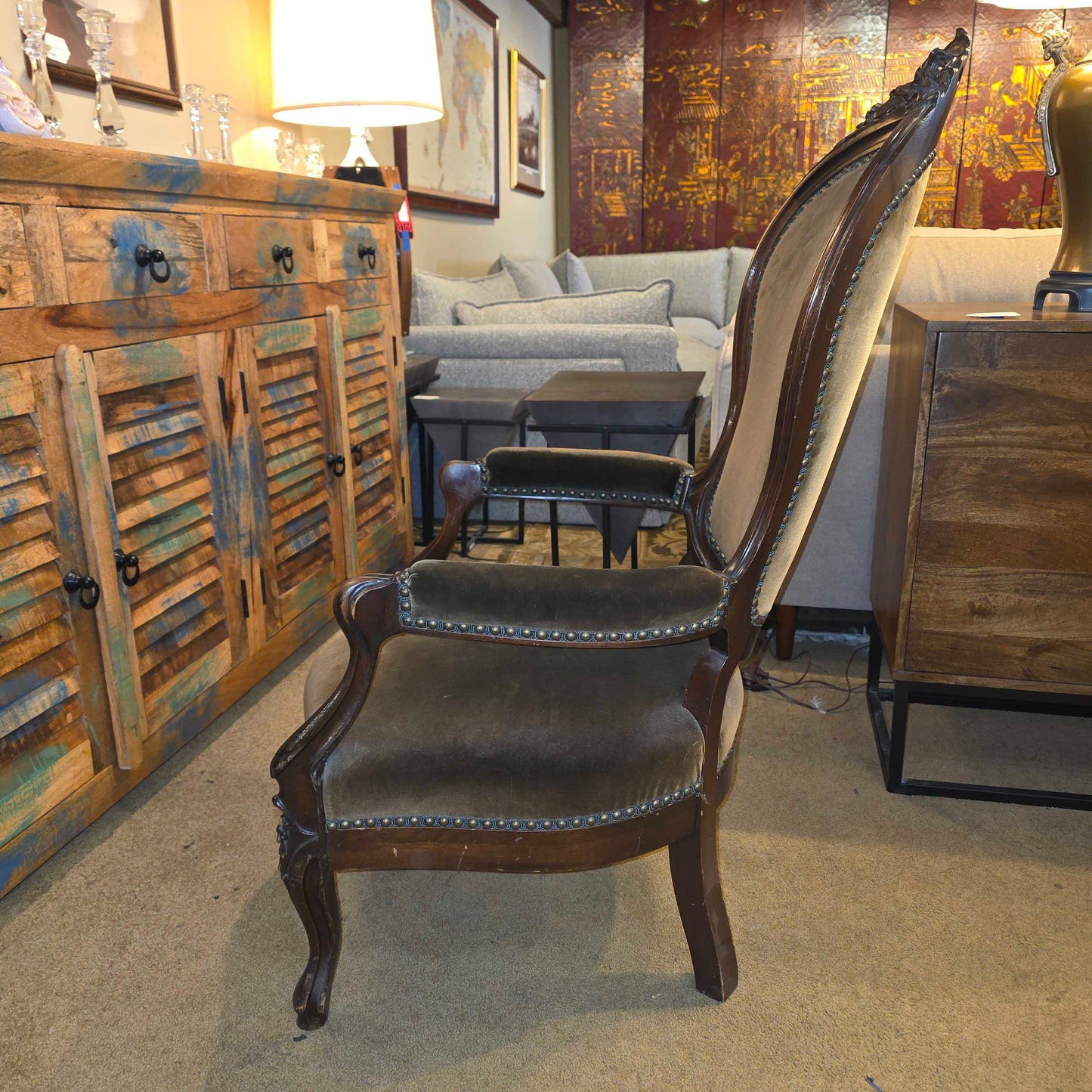 Deep Green Velvet Victorian Ornate Carved Arm Chair