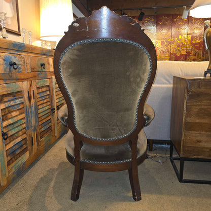 Deep Green Velvet Victorian Ornate Carved Arm Chair