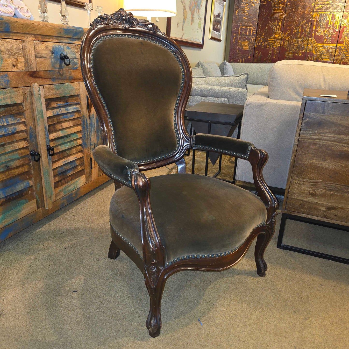 Deep Green Velvet Victorian Ornate Carved Arm Chair