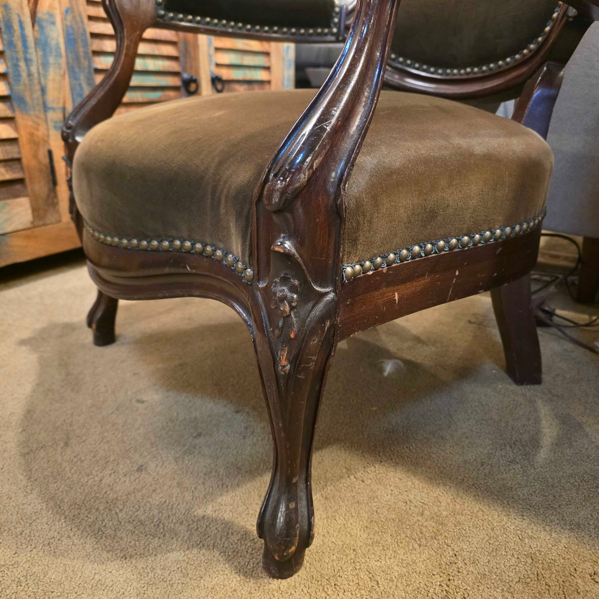 Deep Green Velvet Victorian Ornate Carved Arm Chair