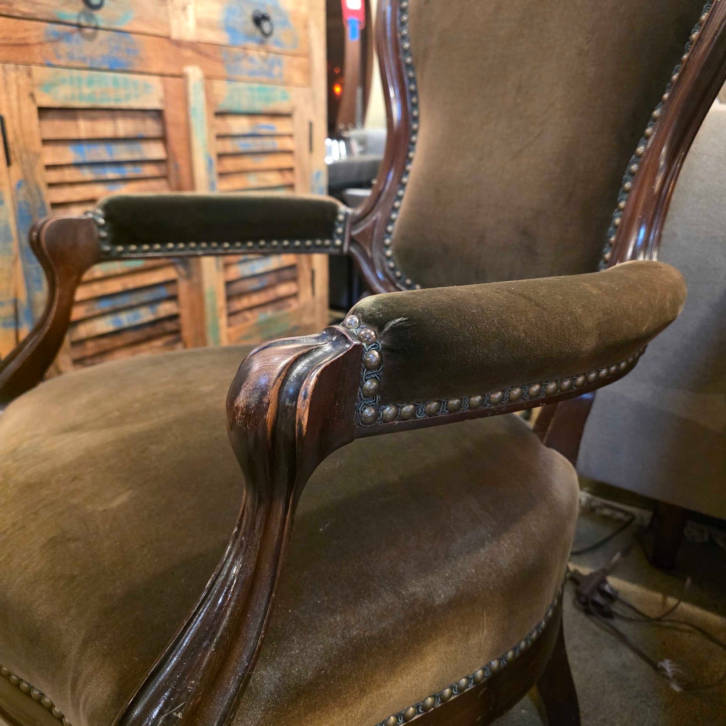 Deep Green Velvet Victorian Ornate Carved Arm Chair