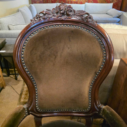 Deep Green Velvet Victorian Ornate Carved Arm Chair