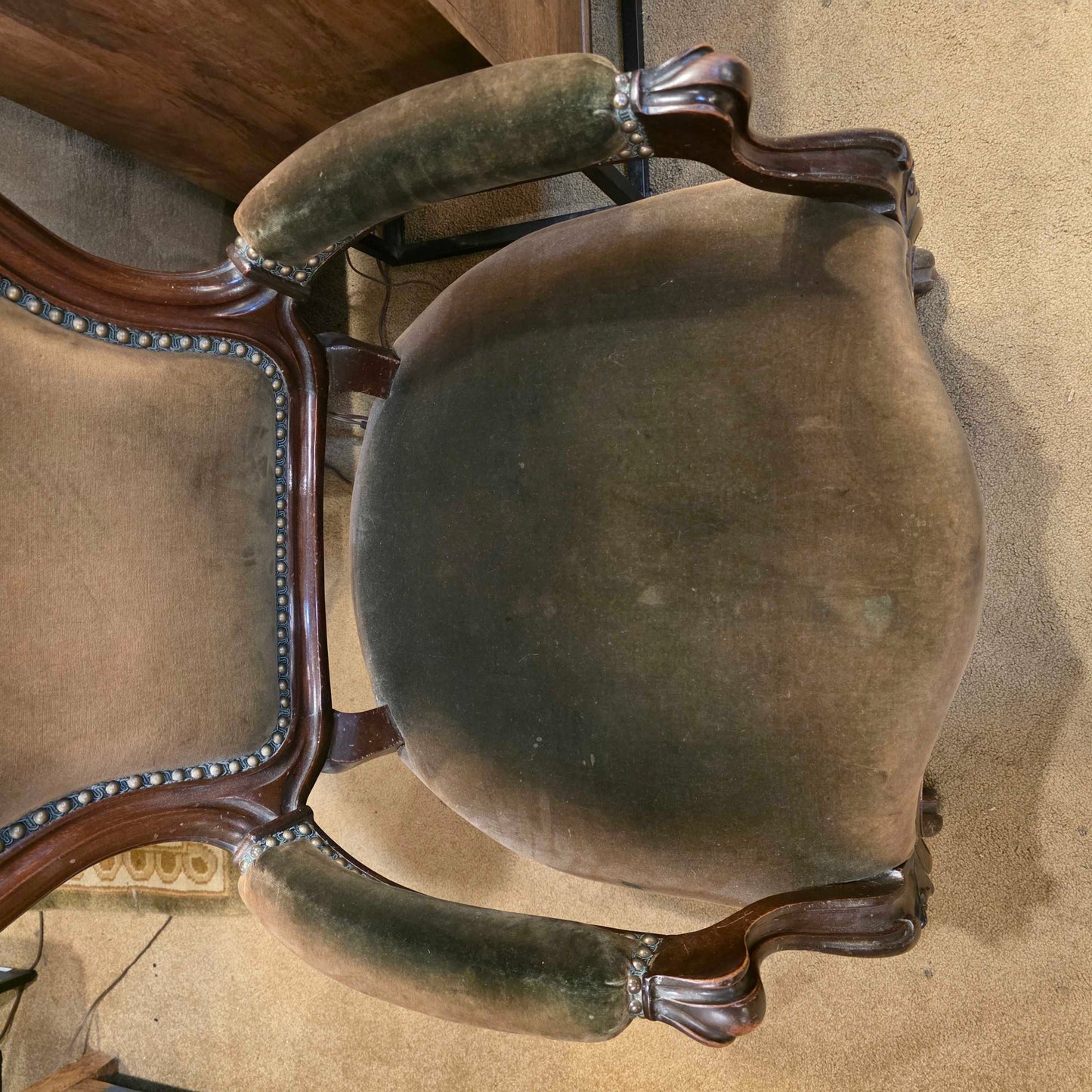 Deep Green Velvet Victorian Ornate Carved Arm Chair