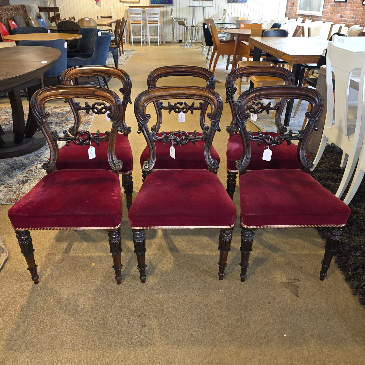 Maroon Velvet Victorian Baloon Back Dining Chairs set of 6 C DINING CHAIRS