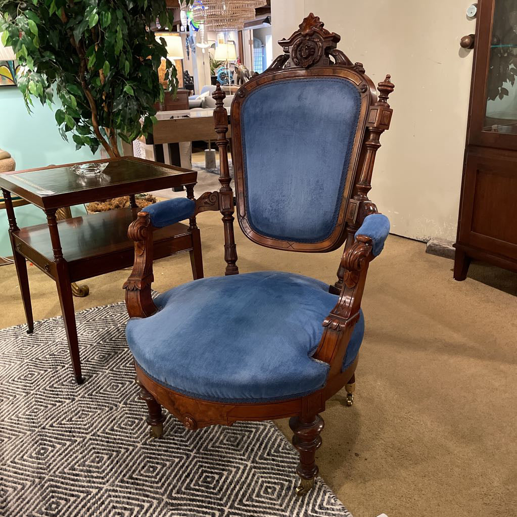 Blue Velvet Victorian Ornate Carved Arm Chair U ACCENT CHAIRS
