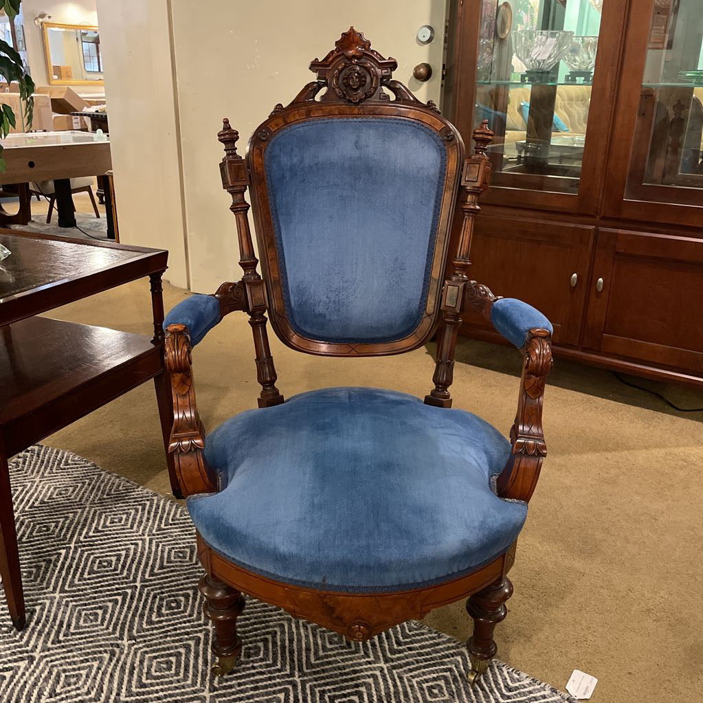 Blue Velvet Victorian Ornate Carved Arm Chair U ACCENT CHAIRS