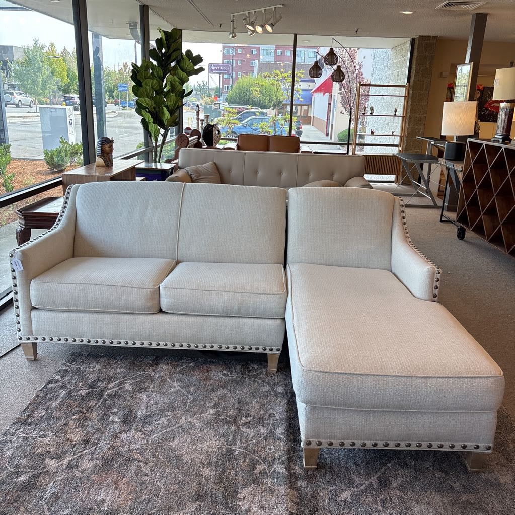 White Upholstered Silver Studded RAF Sectional Rowe U SECTIONALS RAF