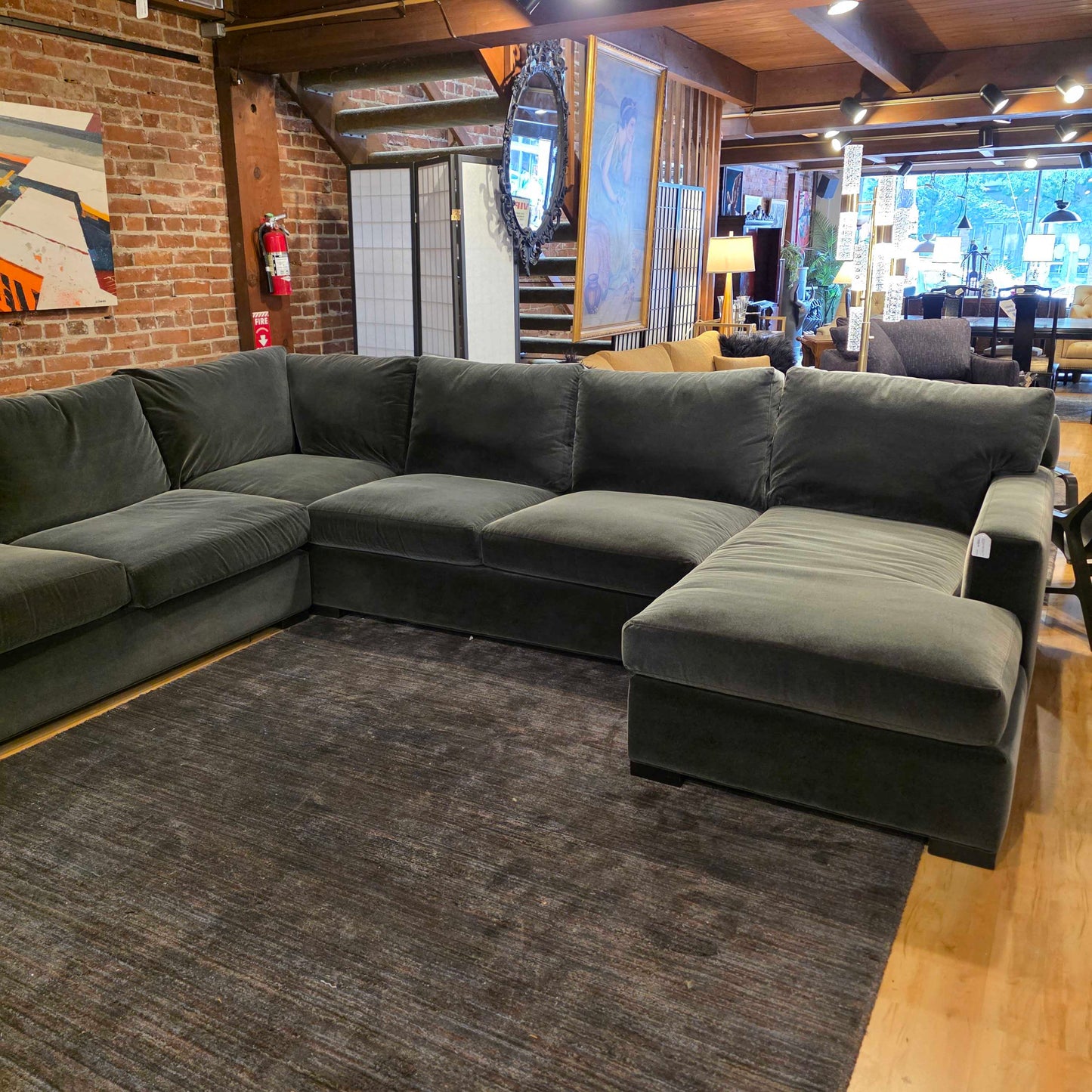 AS IS Crate & Barrel Grey Velvet Mega Double Chaise Corner Sectional