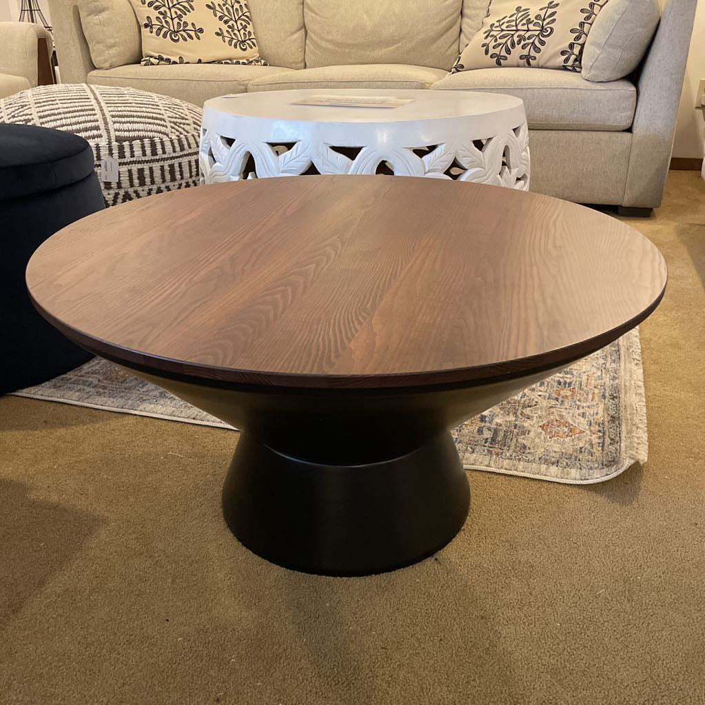 Burrow Walnut Finish Round Coffee Table w/Metal Base & Storage C COFFEE TABLES