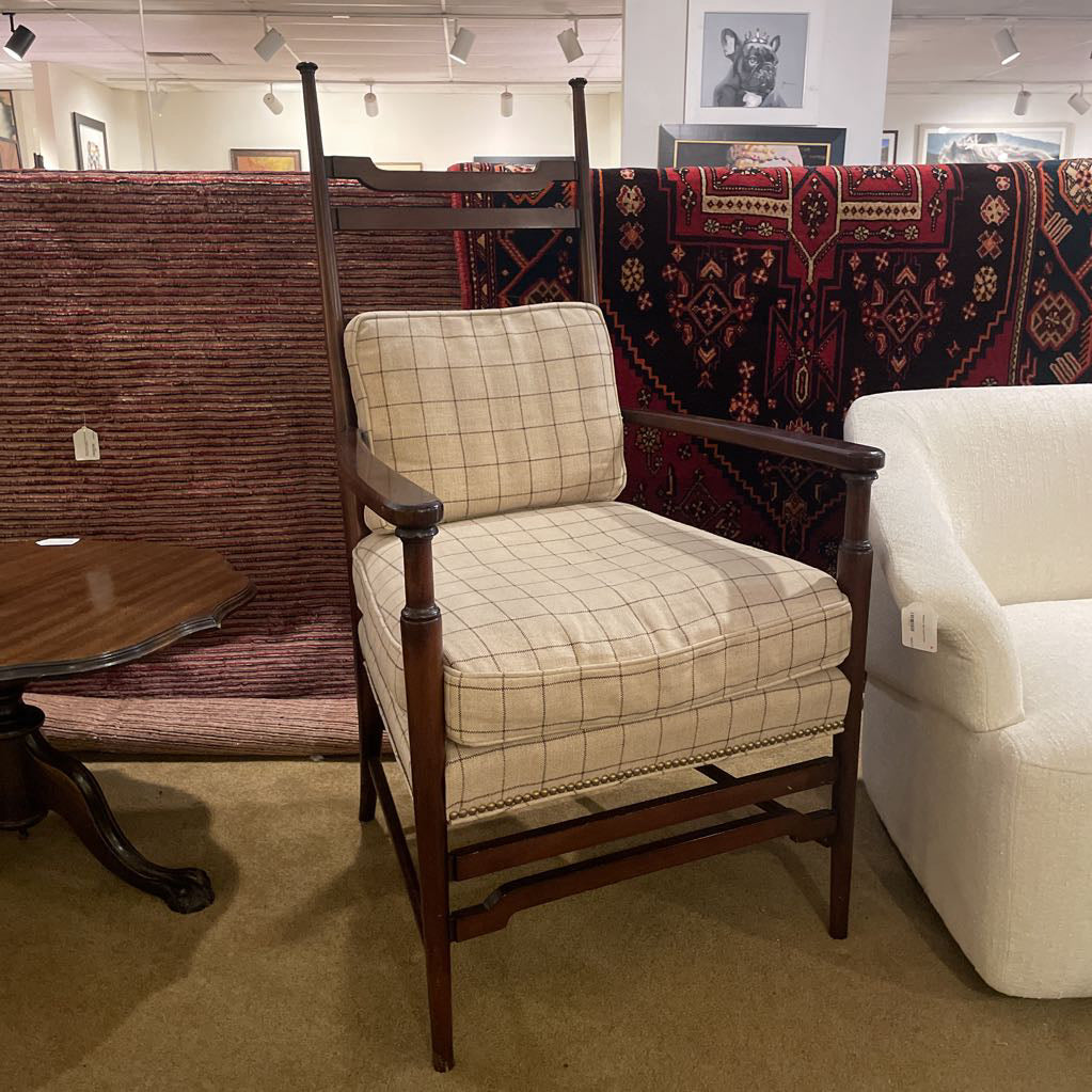 Hickory Wood Frame Tall Back Arm Chair with Tan Cushions U ACCENT CHAIRS