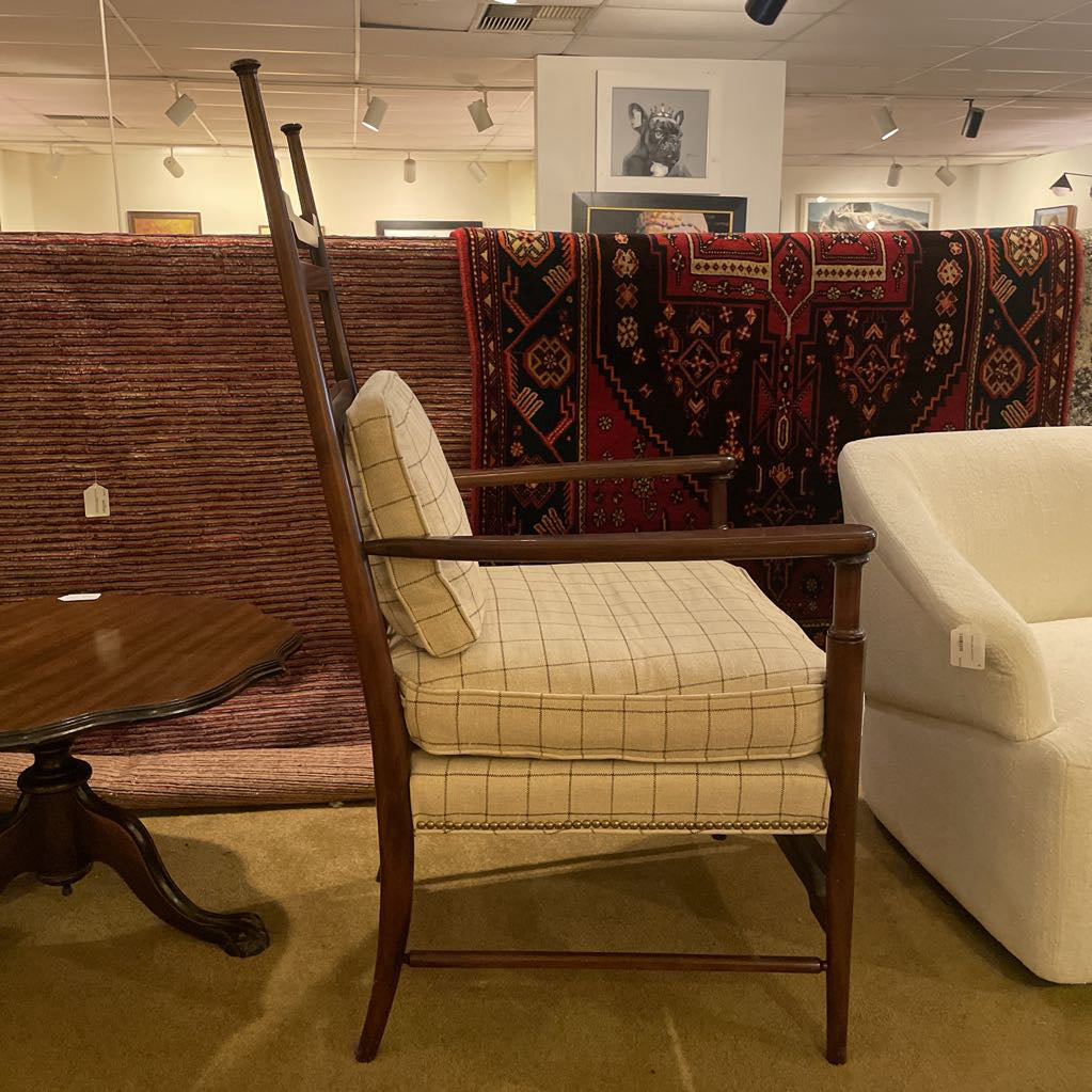 Hickory Wood Frame Tall Back Arm Chair with Tan Cushions U ACCENT CHAIRS