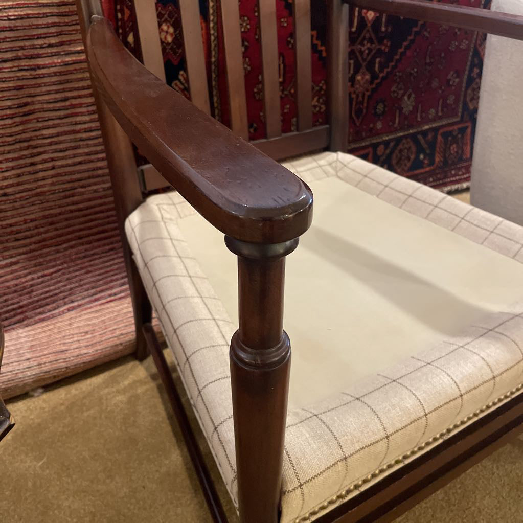 Hickory Wood Frame Tall Back Arm Chair with Tan Cushions U ACCENT CHAIRS