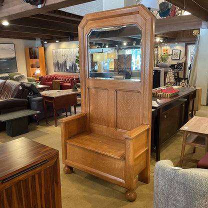 Antique Oak Beveled Mirror with Seat Storage C MIRRORS