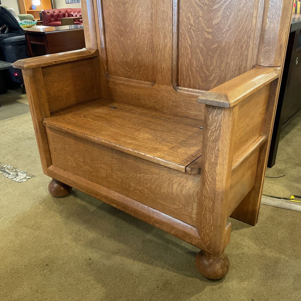 Antique Oak Beveled Mirror with Seat Storage C MIRRORS