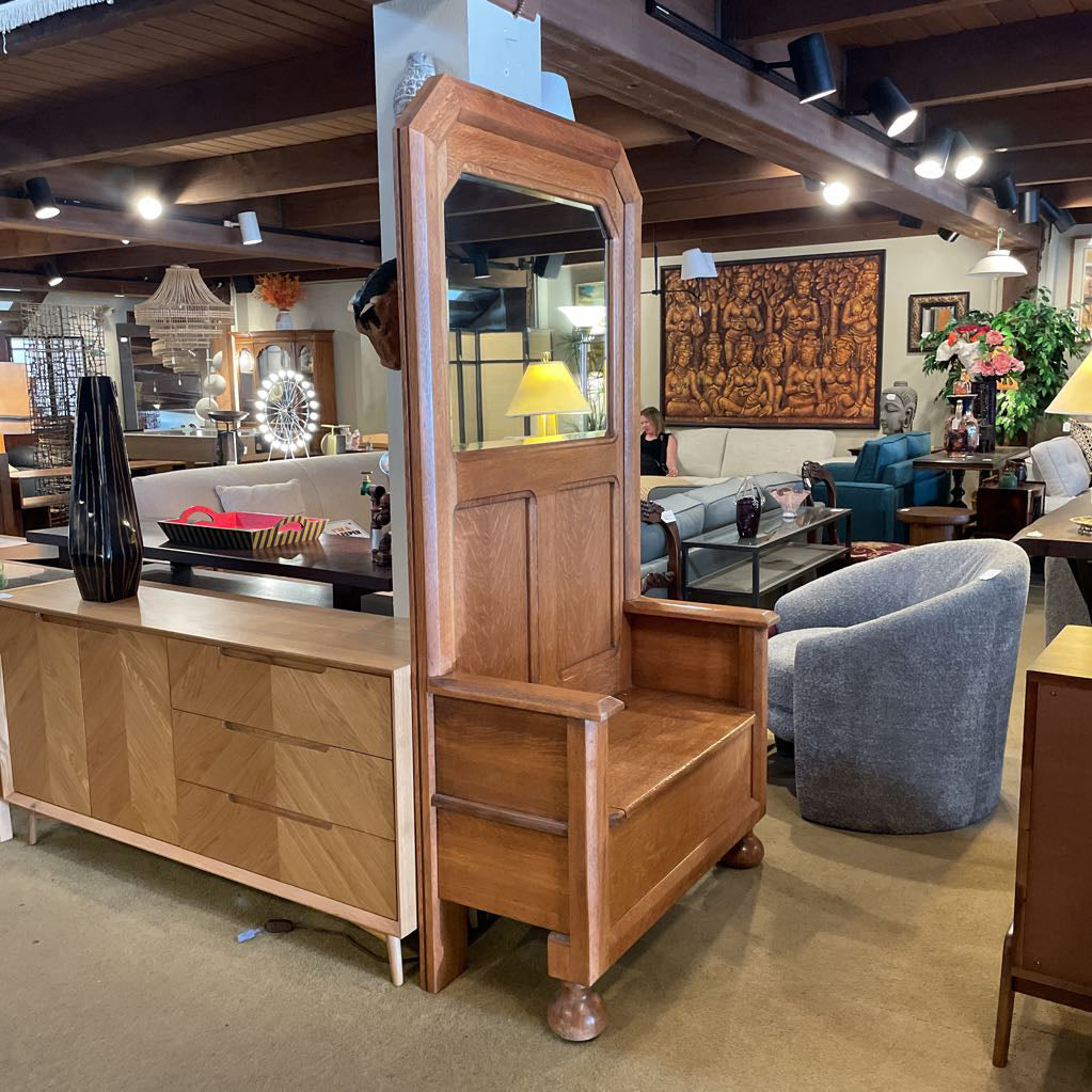 Antique Oak Beveled Mirror with Seat Storage C MIRRORS