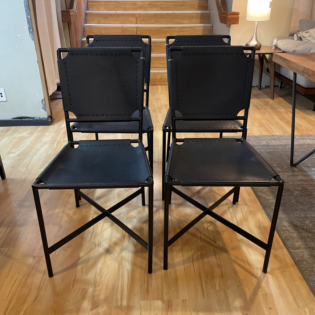Crate & Barrel Black Leather and Metal Dining Chairs SET of 4 C DINING CHAIRS