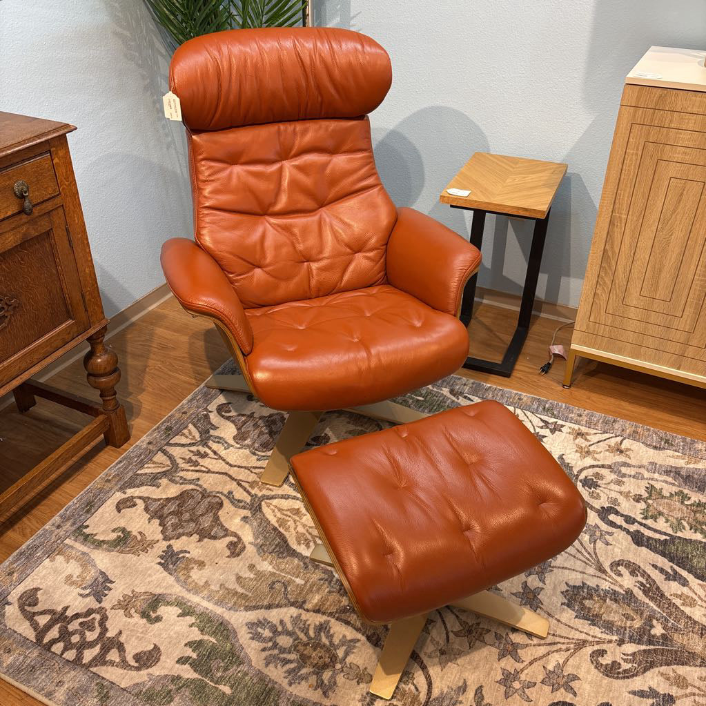 MCM Bentwood Orange Leather Recliner w/ Ottoman U ACCENT CHAIRS