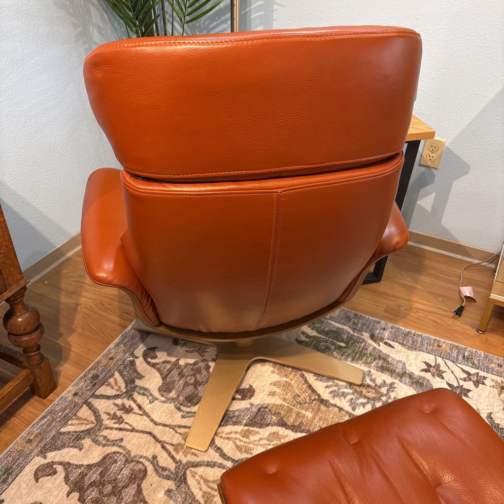 MCM Bentwood Orange Leather Recliner w/ Ottoman U ACCENT CHAIRS