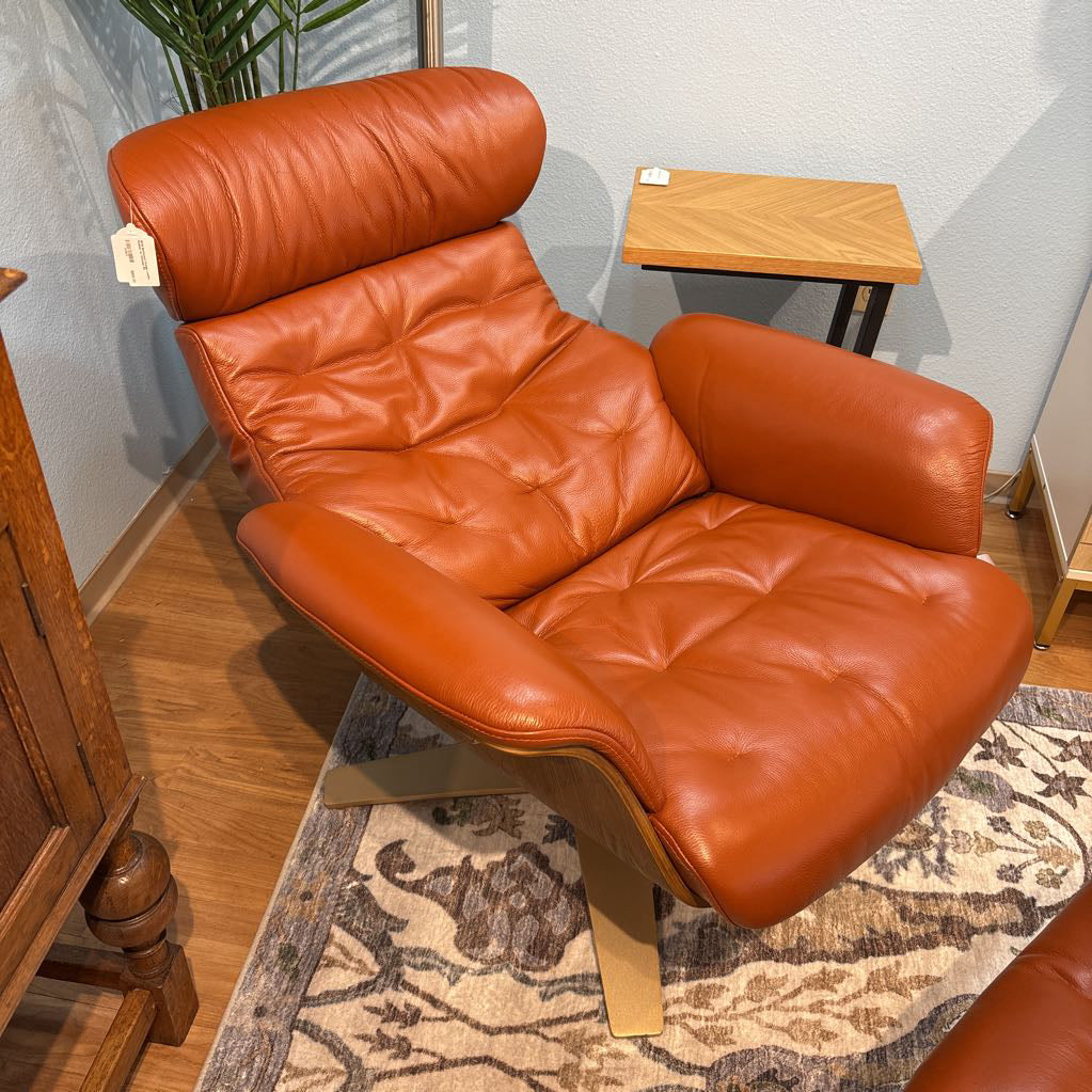 MCM Bentwood Orange Leather Recliner w/ Ottoman U ACCENT CHAIRS