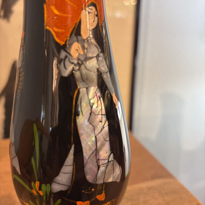 Vintage Asian Mother of pearl Black Vase