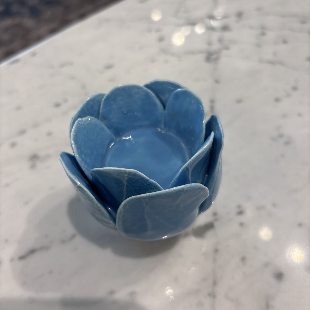 Blue Ceramic Flower Candle Holder