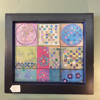 Rustic Multi Color Floral Circles & Squares Blue Frame Art ART