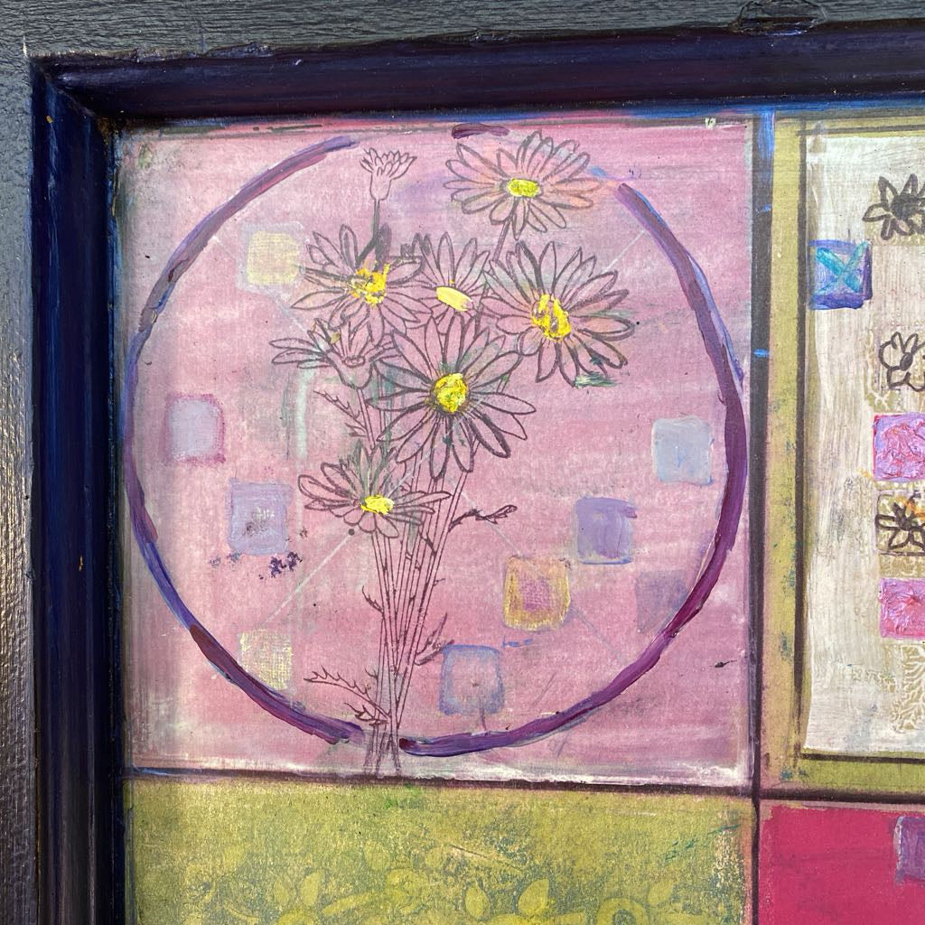 Rustic Multi Color Floral Circles & Squares Blue Frame Art ART