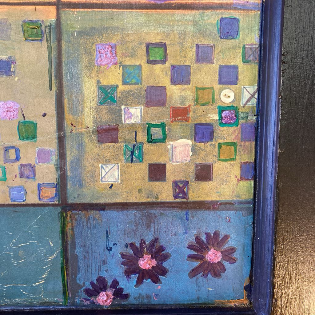 Rustic Multi Color Floral Circles & Squares Blue Frame Art ART