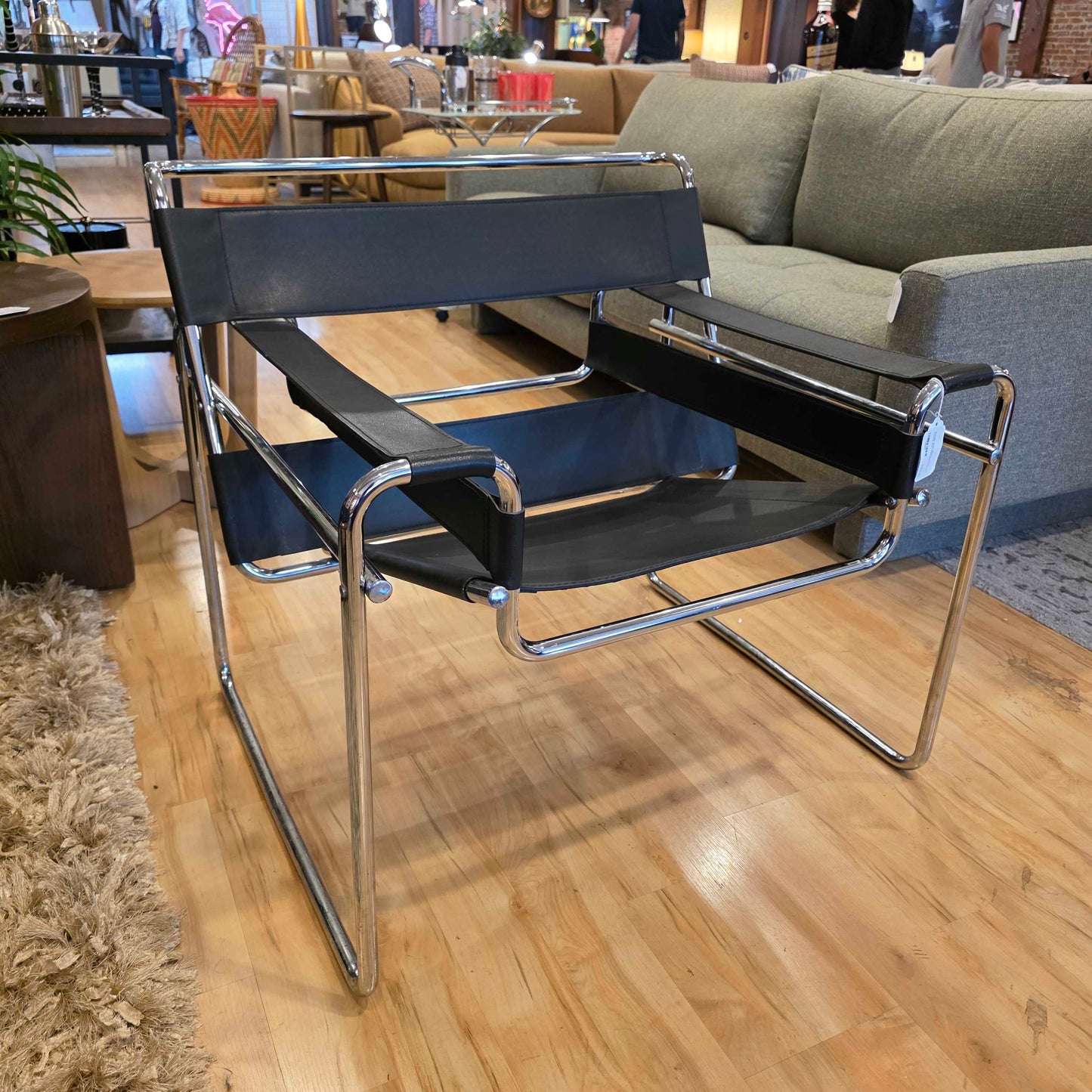 Wassily Style Black Leather and Chrome Arm Chair