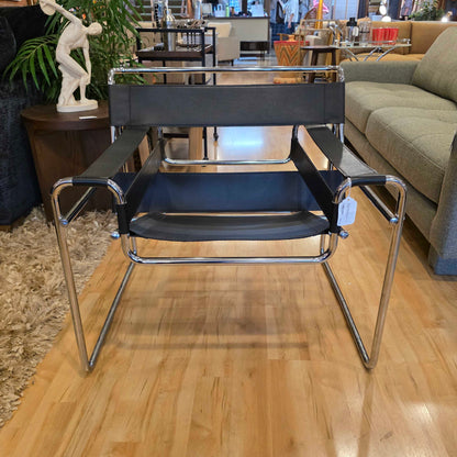 Wassily Style Black Leather and Chrome Arm Chair