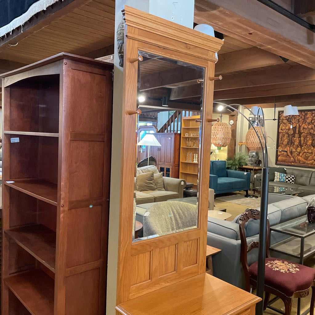 Oak Beveled Mirror Hall Tree with Pegs for Hats