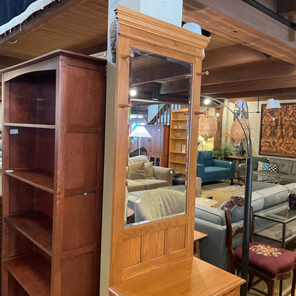 Oak Beveled Mirror Hall Tree with Pegs for Hats