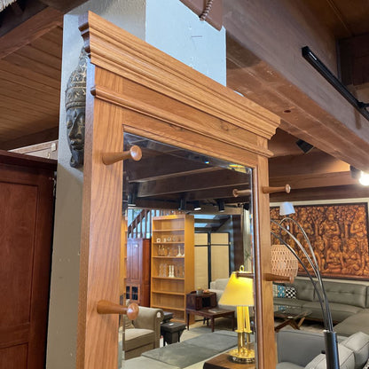 Oak Beveled Mirror Hall Tree with Pegs for Hats