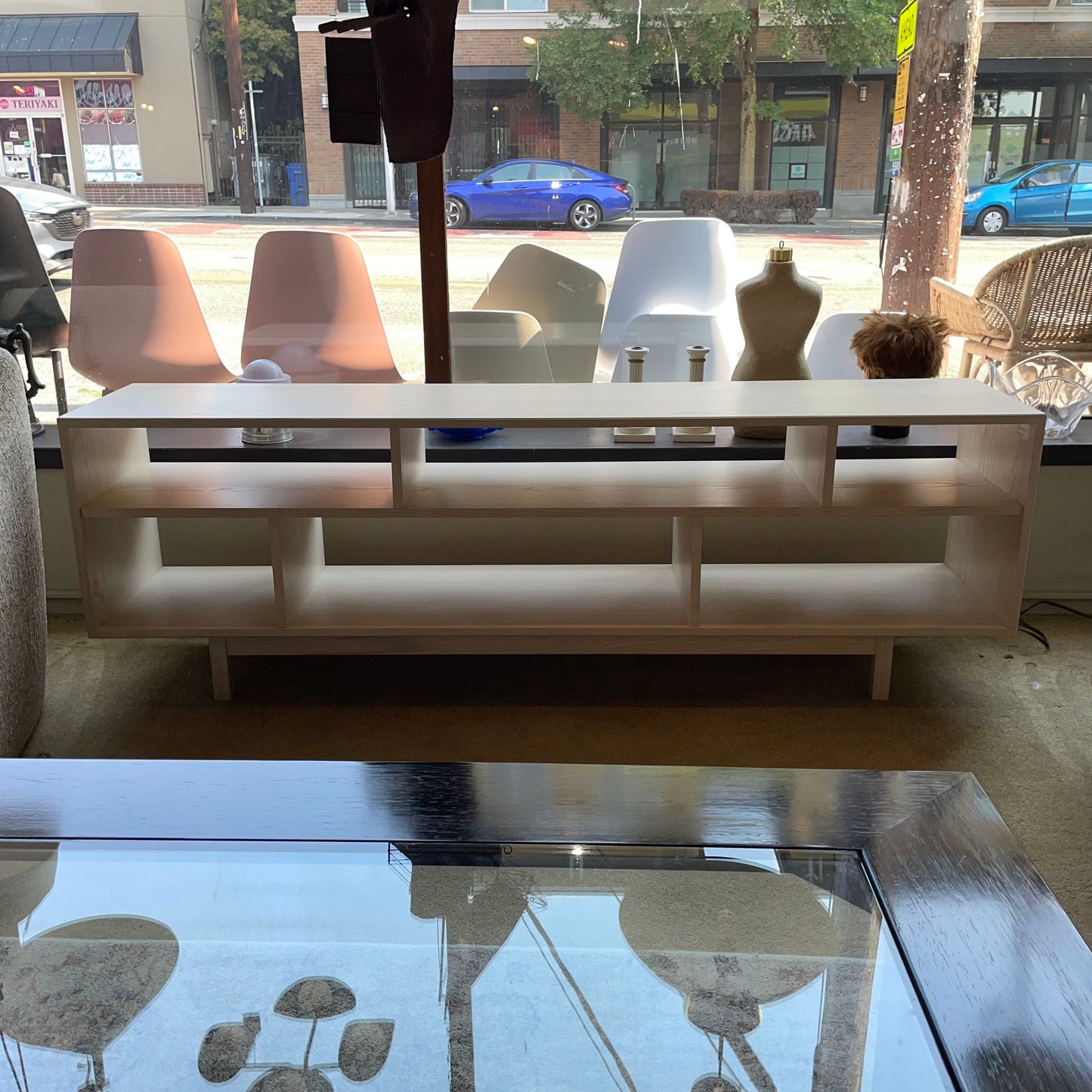 AS IS Bleached Wood Finish Open Cube Media Console