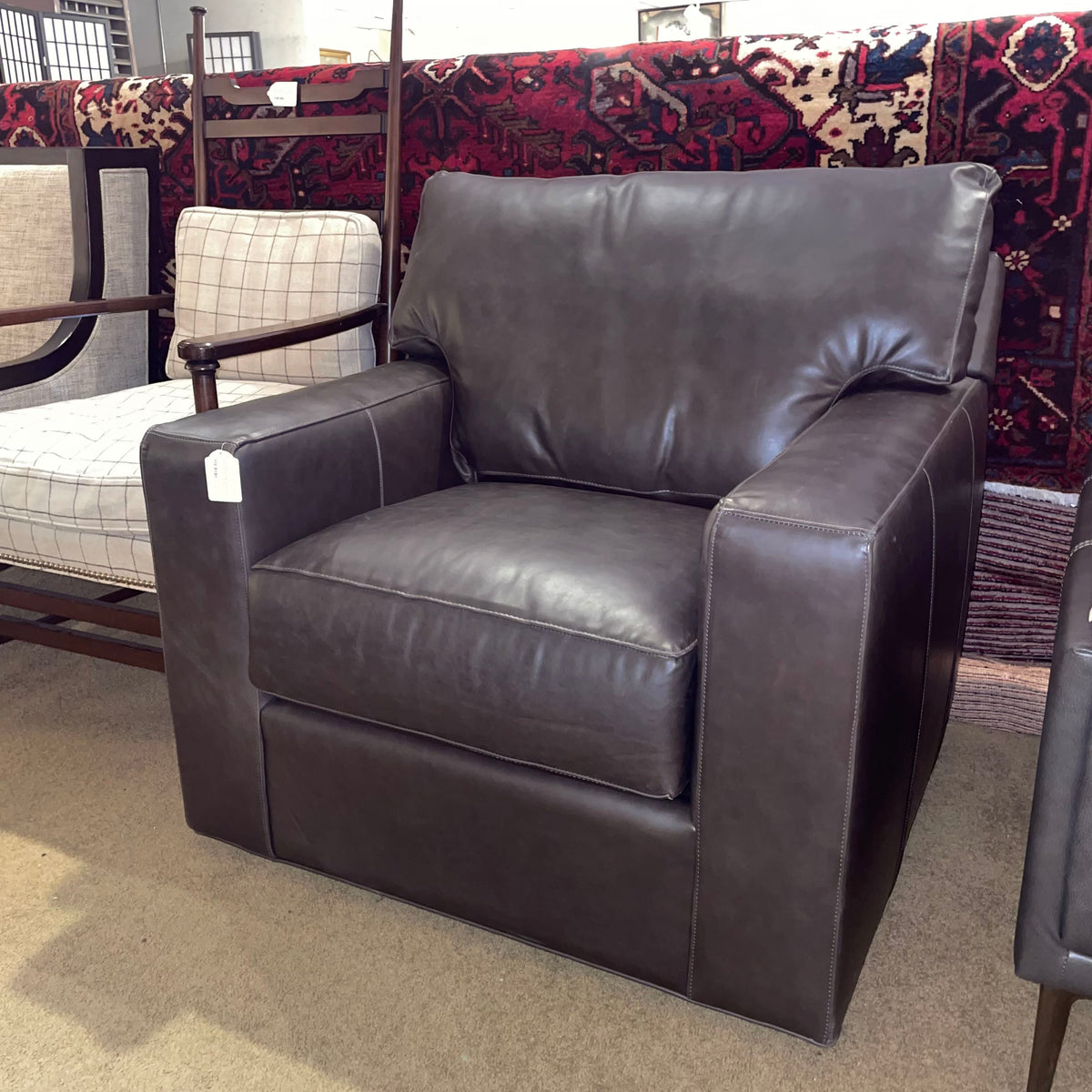 Crate & Barrel Mocha Leather Swivel Accent Chair