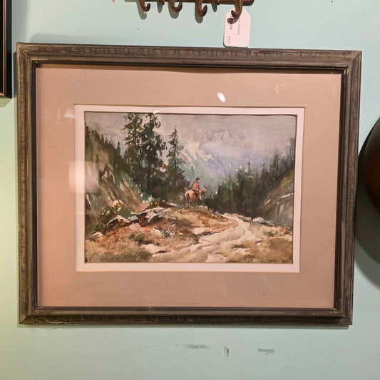 Solo Horseback Rider in Mountains Watercolor