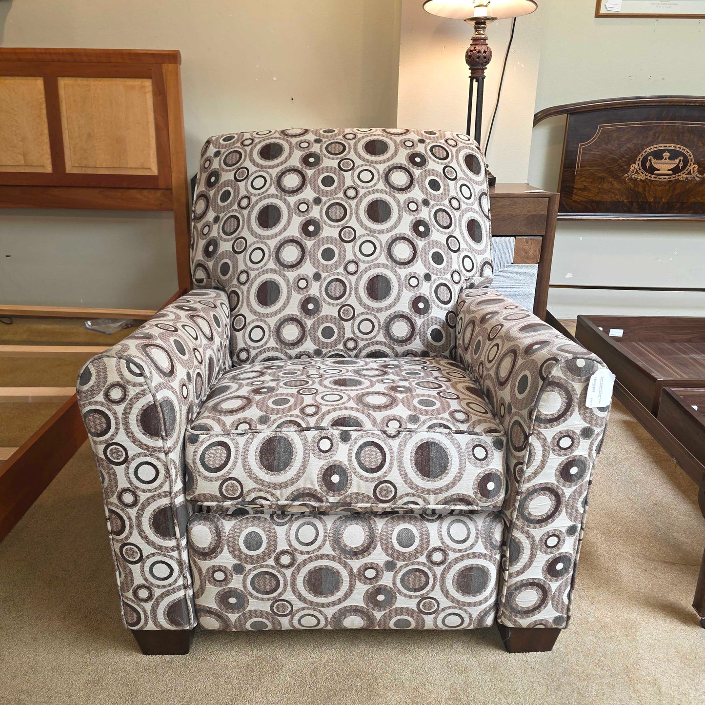 Cream and Brown Circle Pattern Manual Recliner Chair