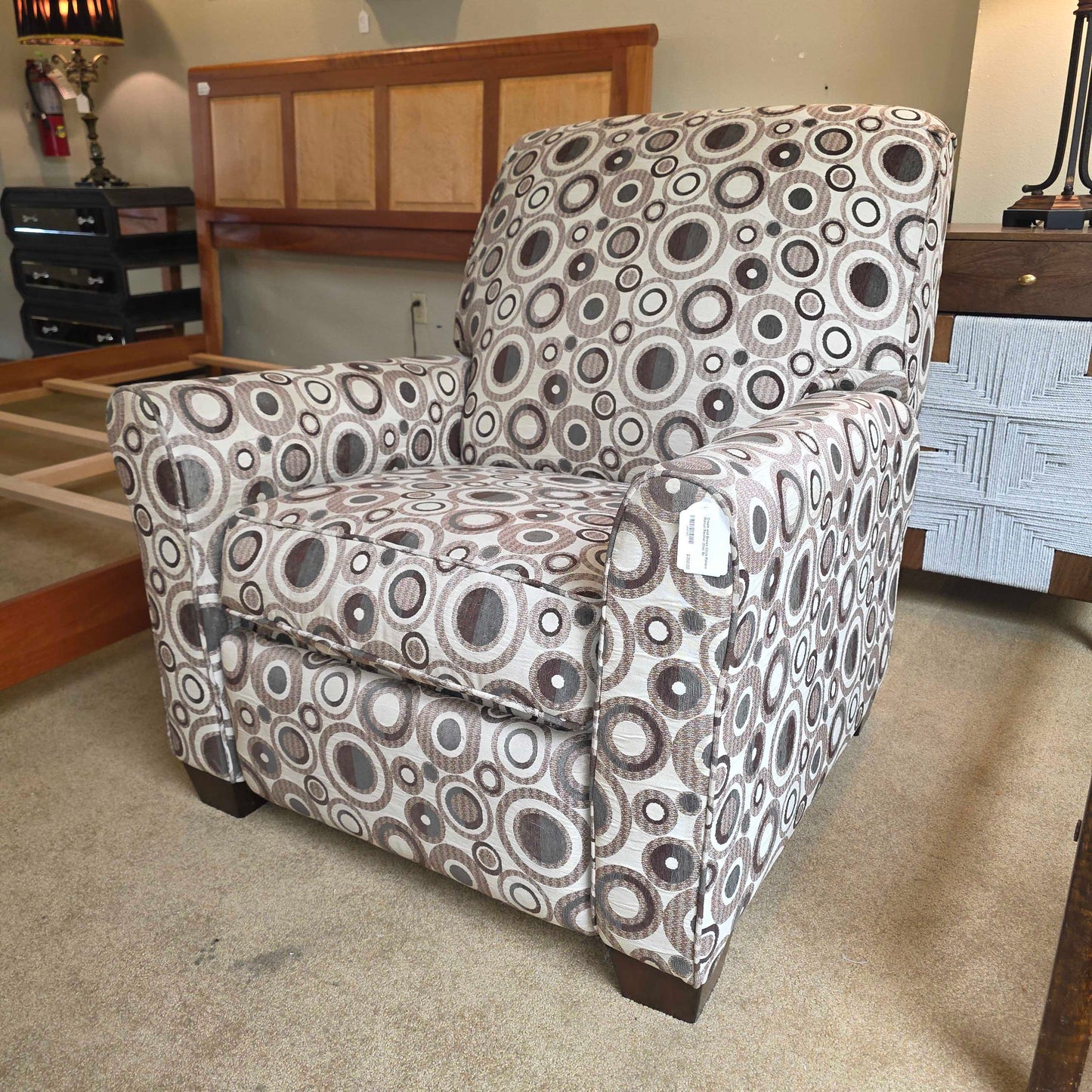 Cream and Brown Circle Pattern Manual Recliner Chair