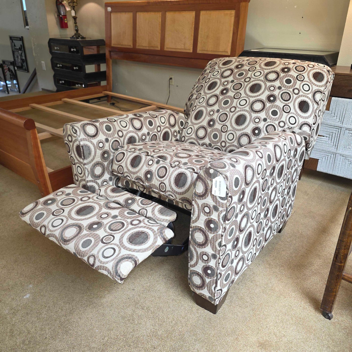 Cream and Brown Circle Pattern Manual Recliner Chair