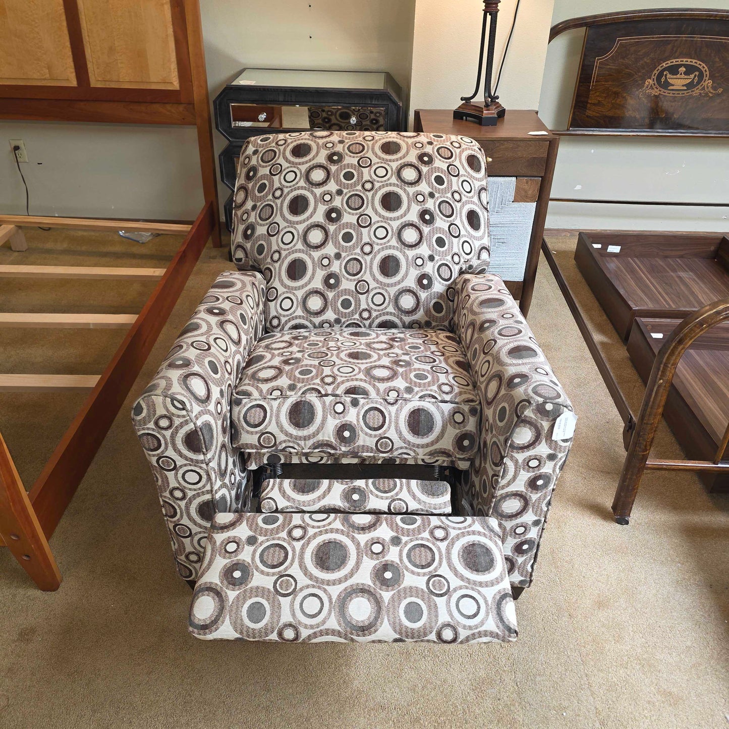 Cream and Brown Circle Pattern Manual Recliner Chair