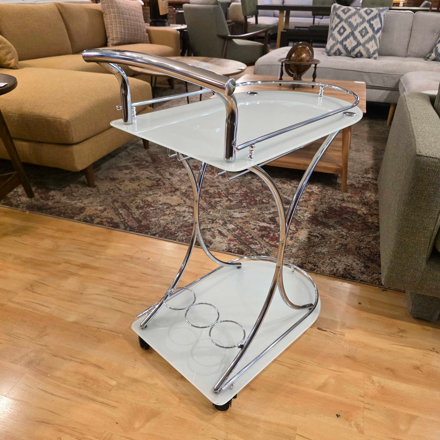 Two Tier Chrome White Glass Bart Cart