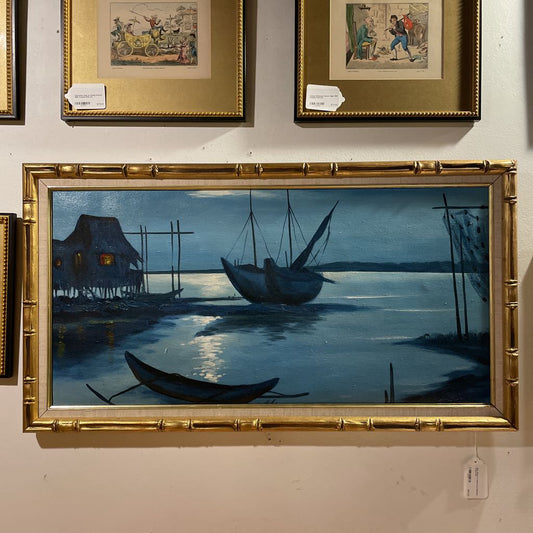 Blue Boats in Gold Faux Bamboo Frame ART