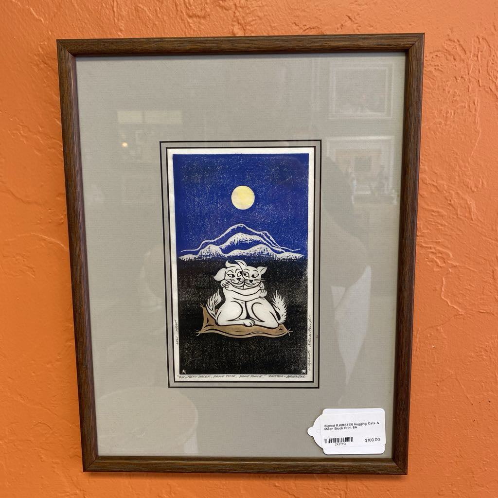Signed R.KIRSTEN Hugging Cats & Moon Block Print