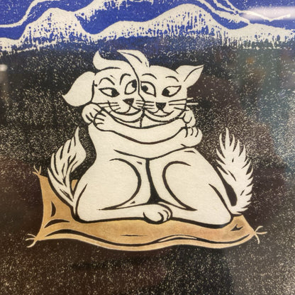 Signed R.KIRSTEN Hugging Cats & Moon Block Print