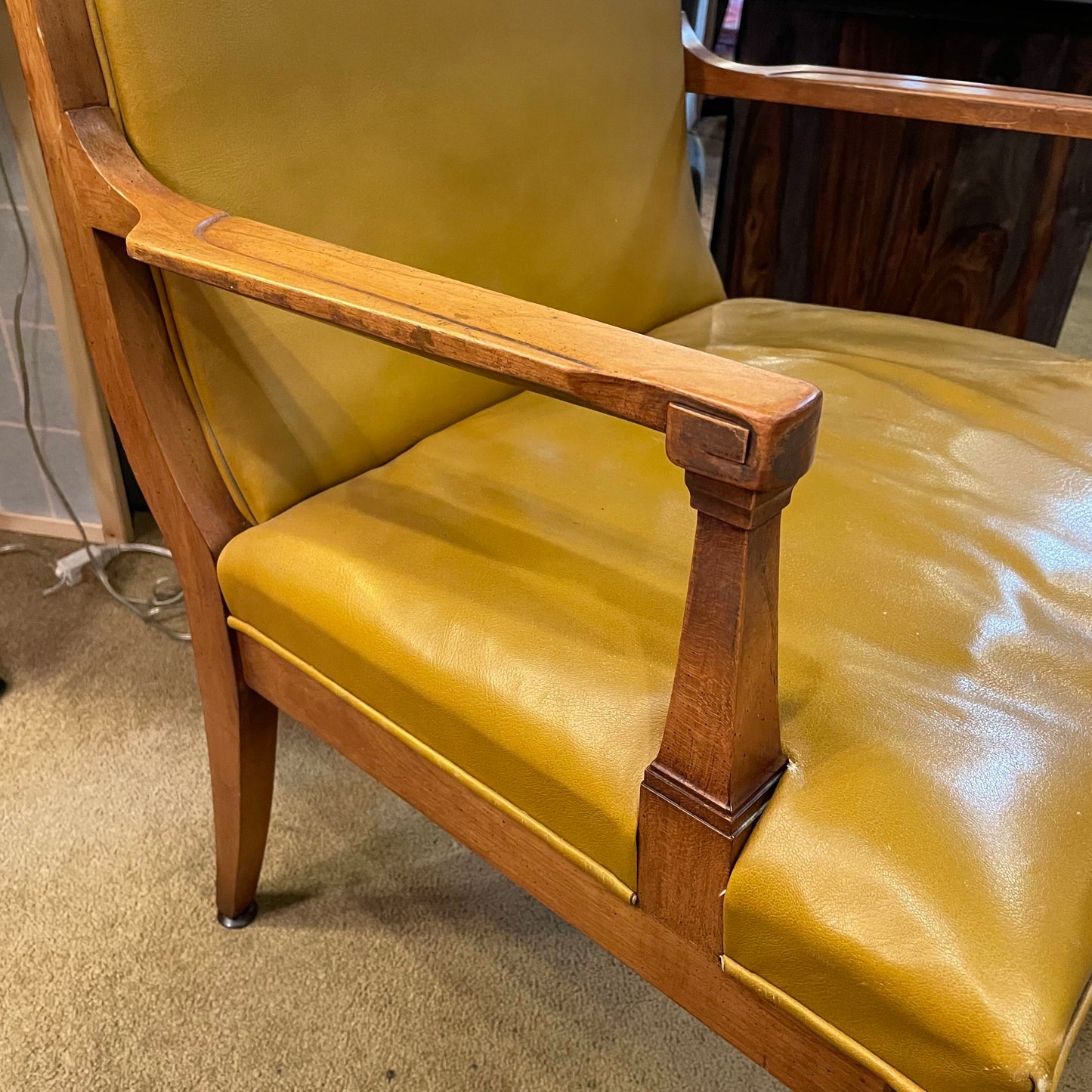Burnt Lemon Leather Stow & David Carved Wood Armchair