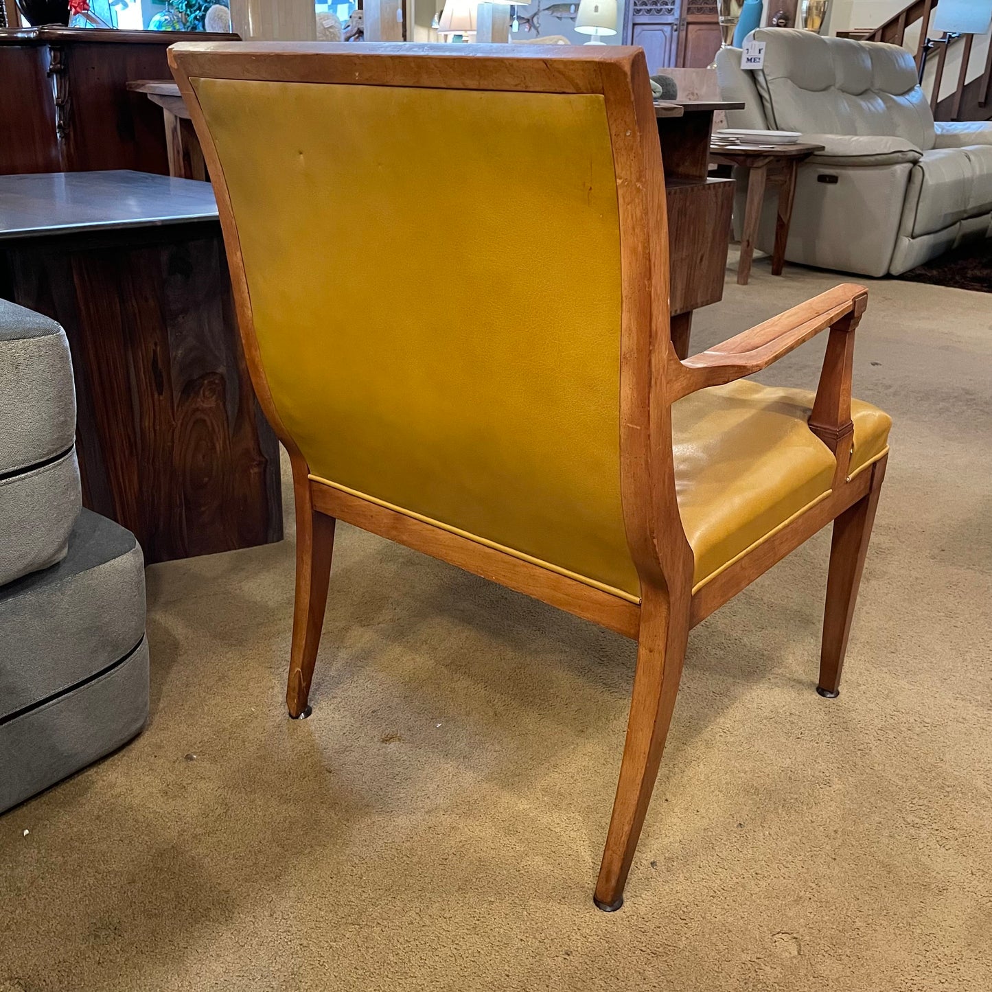 Burnt Lemon Leather Stow & David Carved Wood Armchair