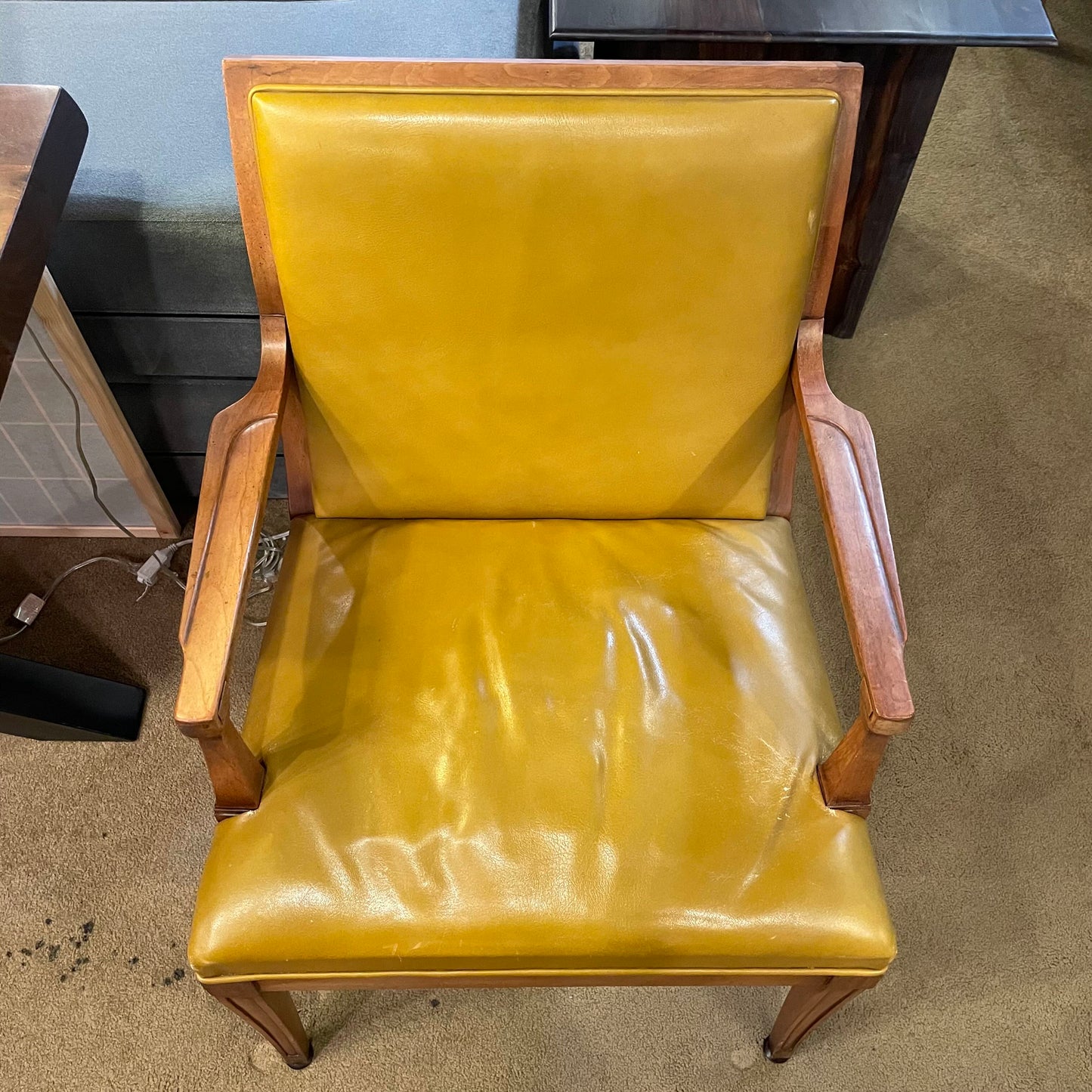 Burnt Lemon Leather Stow & David Carved Wood Armchair