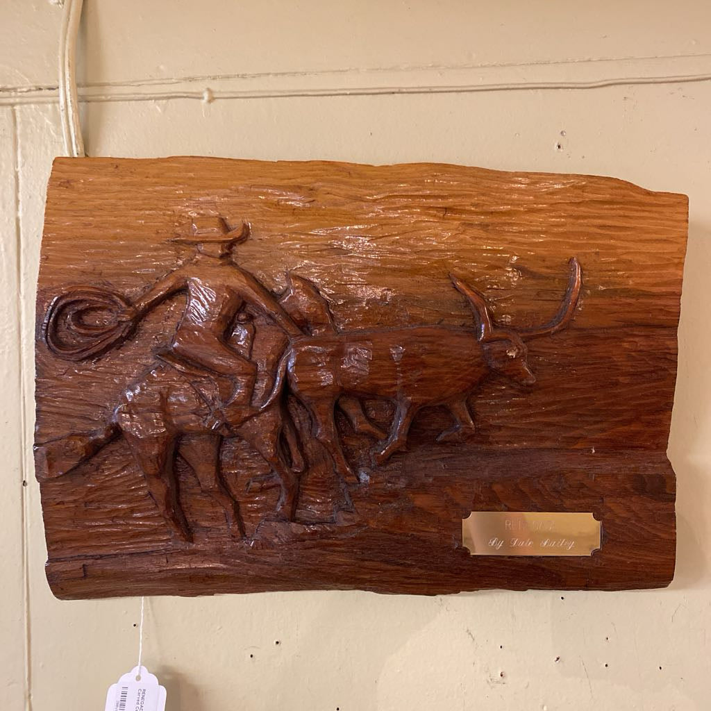 RENEGADE by DALE BAILEY Carved Cow Rustler Wood Plank ART