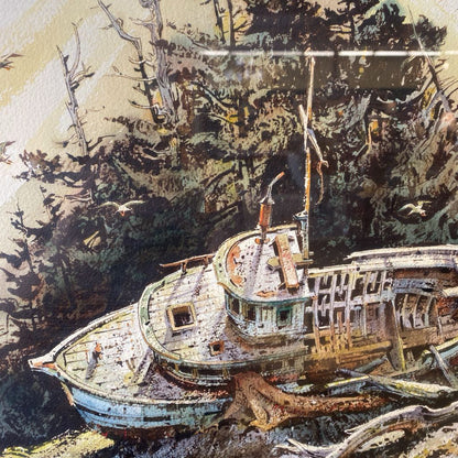 Signed Ship Wreck on Island Art