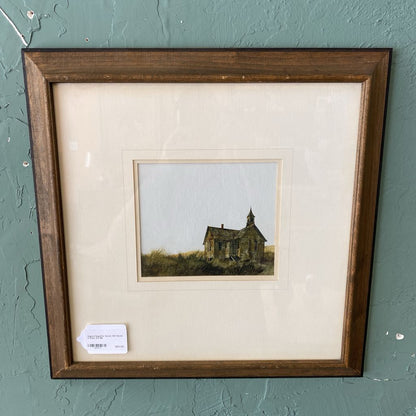 Signed Negative Space Old House in Field Art